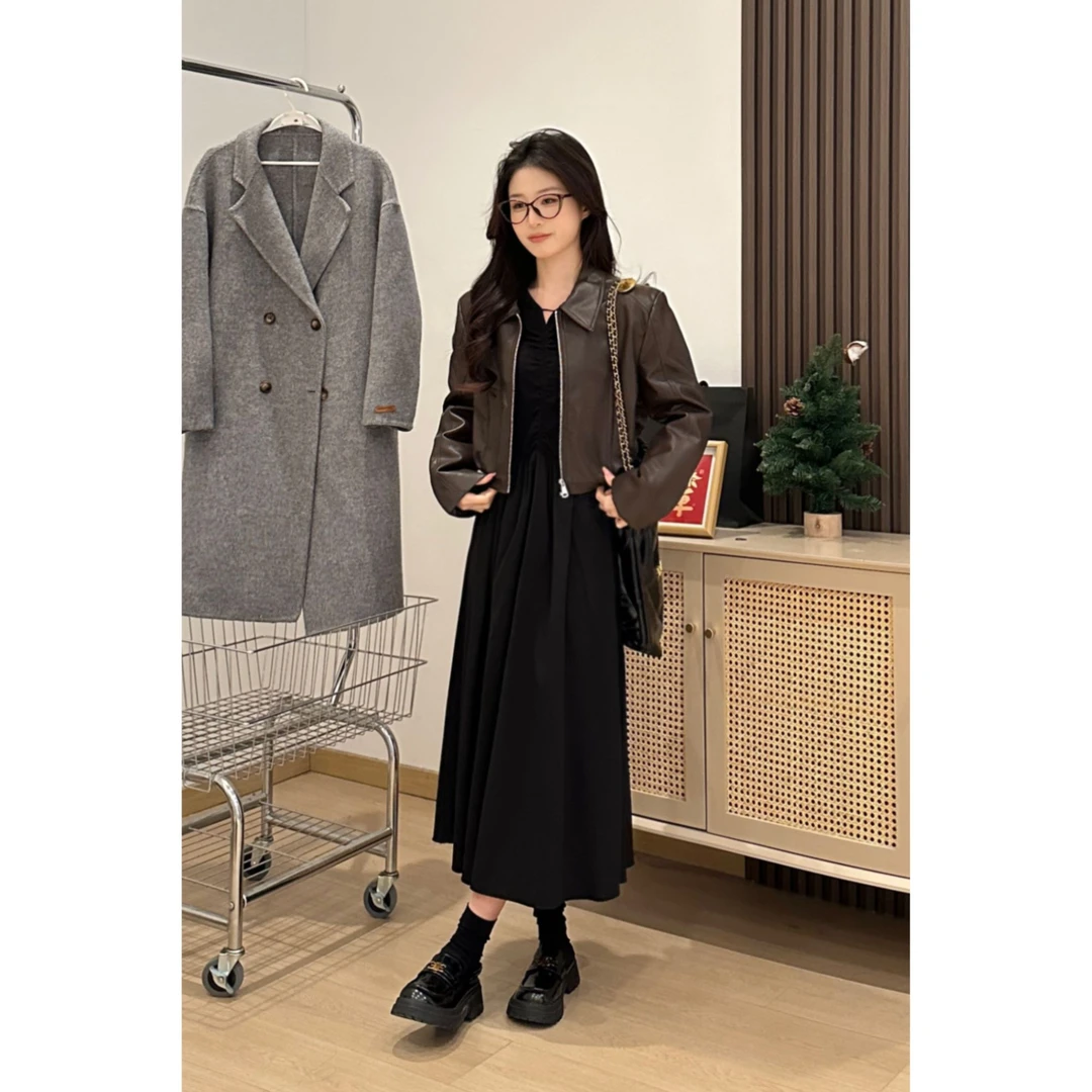 韩系复古棕高级油蜡光感夹克皮衣外套女2025年春季新款  柠檬3560