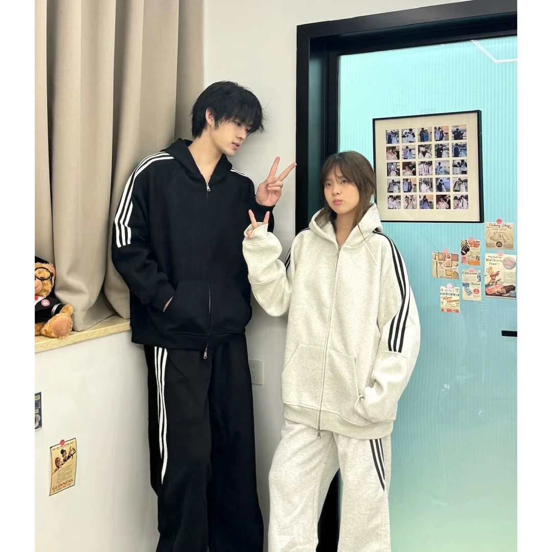 美式ins纯色开衫三条杠连帽卫衣男女秋冬季宽松百搭拉链情侣外套