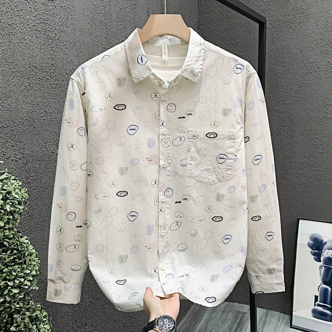 时尚高端男装轻奢卡通小清新衬衫纯棉长袖青年个性高级感百搭衬衣