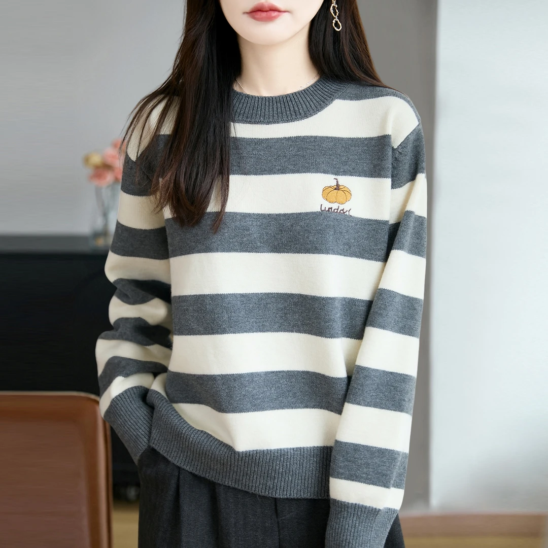 正品哥弟新款冬季大码女装长袖针织衫精仿羊毛撞色条纹宽松毛衣女