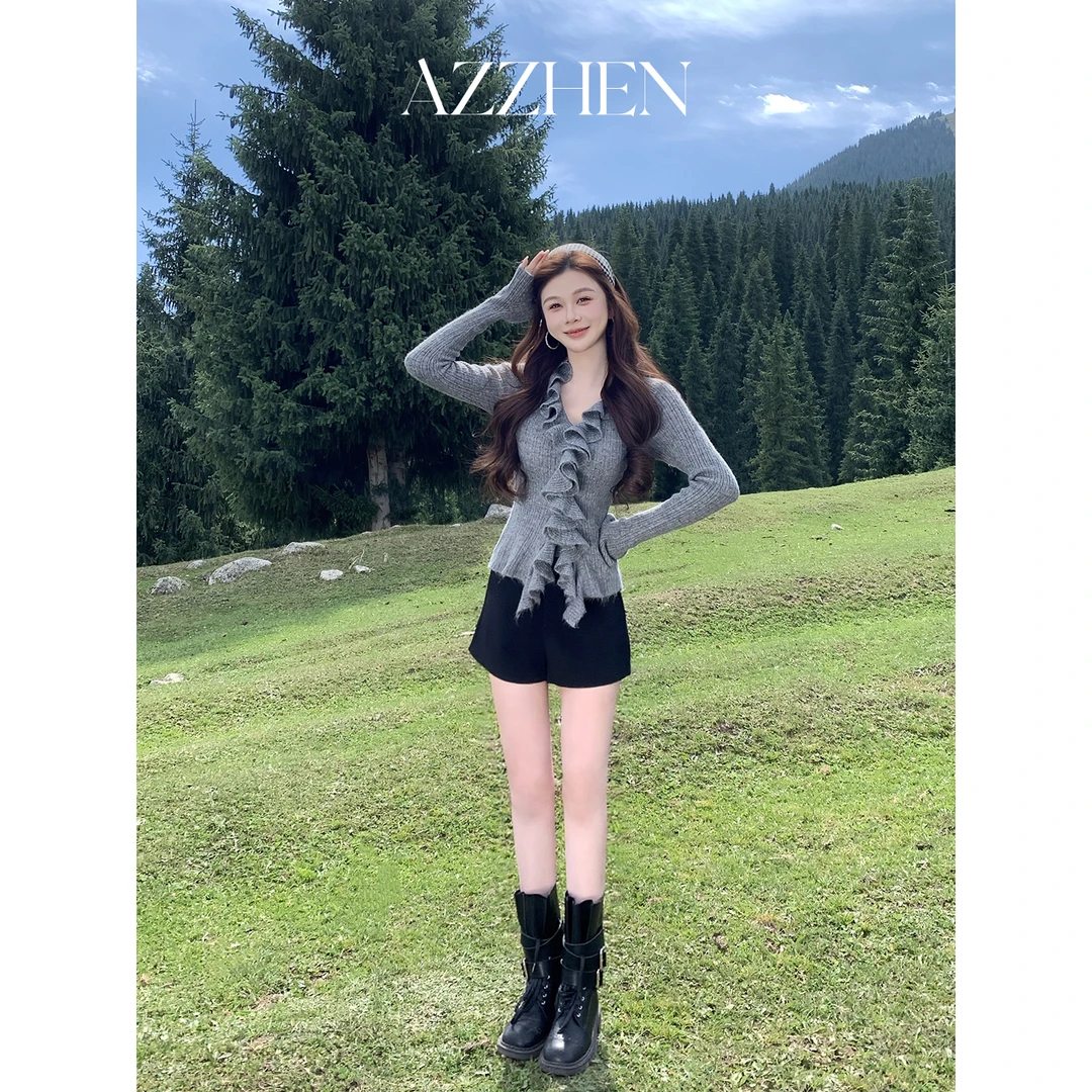 (秋势力周)AZZHEN【秋日浪漫】复古荷叶边V领毛衣AZ4KBS49-00