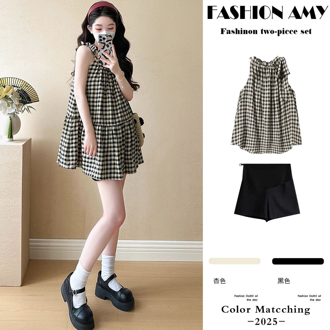 孕妇套装夏装新款洋气时尚小个子显瘦格子吊带上衣休闲托腹短裤子