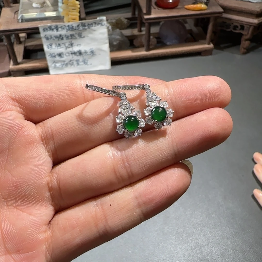 翡翠银S925镶嵌耳饰翡翠危料
