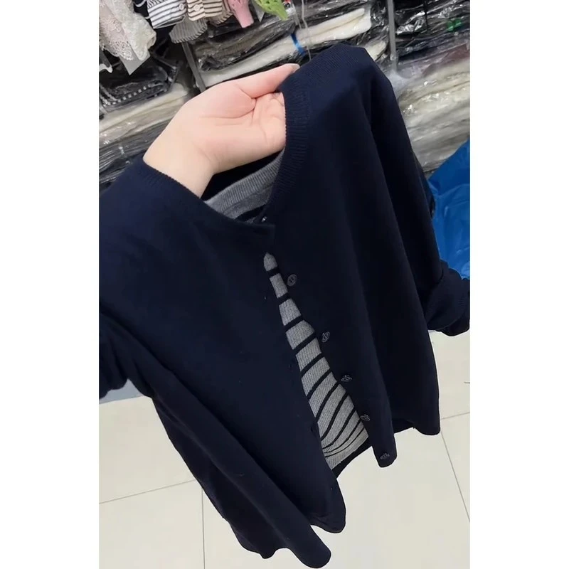 韩版撞色条纹拼接假两件长袖T恤女早秋季圆领设计感开衫外套上衣