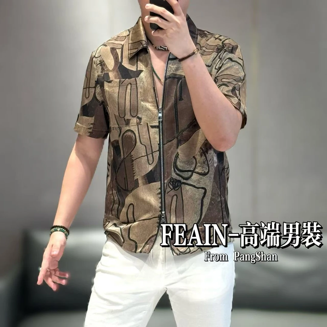 高端定制丝柔贡缎抽象派艺术画梵高即视感男士拉链短袖夹克5205