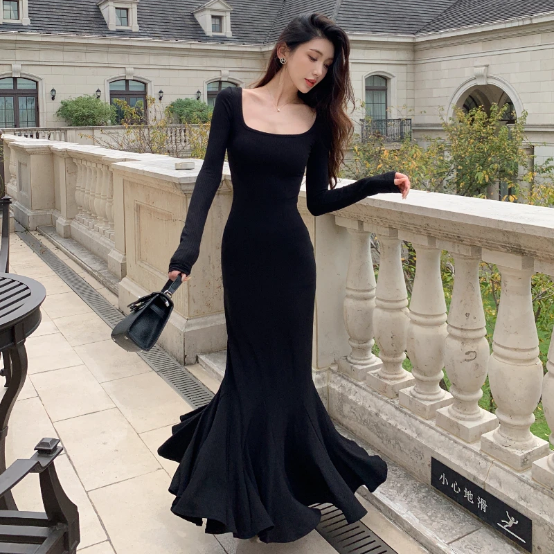 2025春季爆款步步生莲长袖鱼尾连衣裙女秋法式气质收腰显瘦长裙