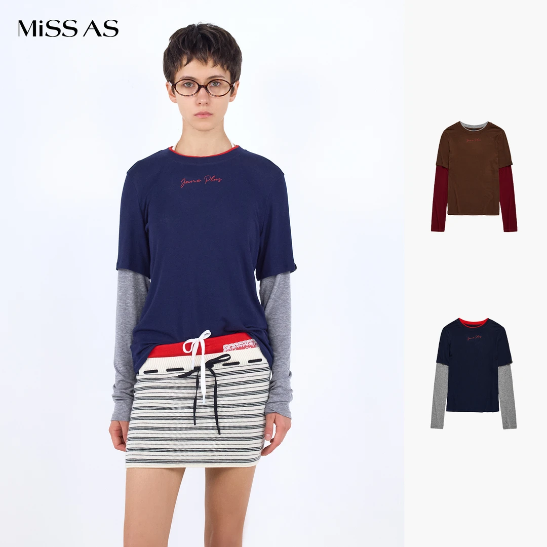 【VVNK JANE PLUS】字母刺绣假两件长袖内搭简约打底衫上衣26春夏