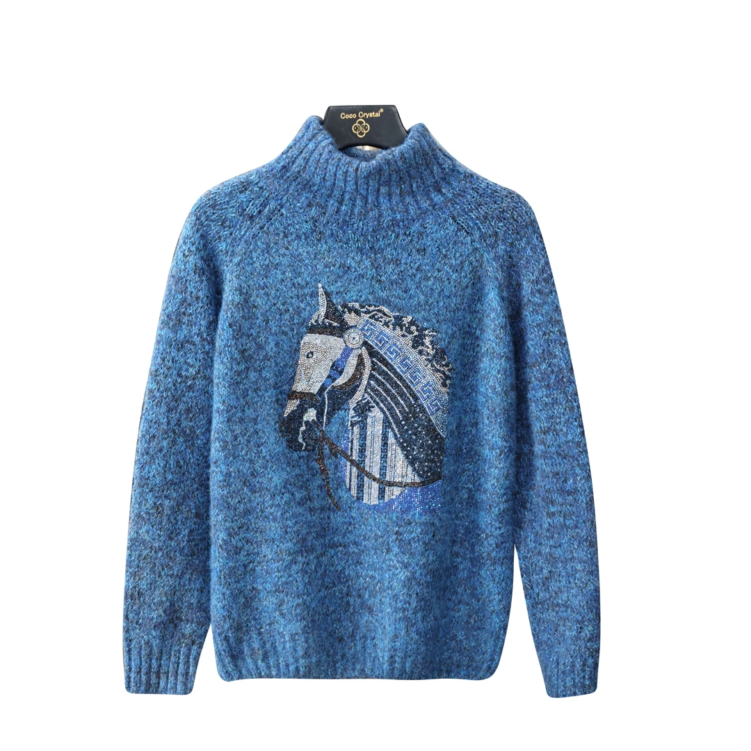 白马图案半高领长袖针织衫-30381