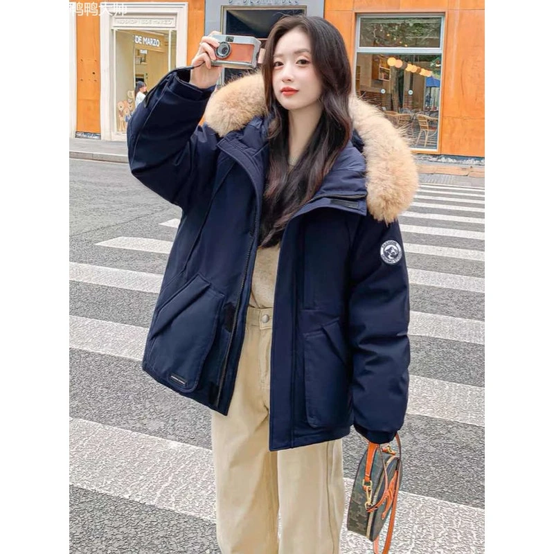 鸭鸭大师伊茉网红白鸭绒情侣款工装羽绒服女2025新款毛领短款派克