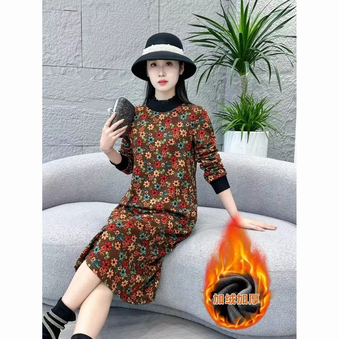 中年妈妈装时尚碎花气质连衣裙显瘦加绒保暖秋冬冬季裙子女装