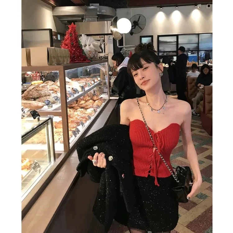 辣妹红色绑带针织抹胸背心女春夏性感外穿内搭纯欲风短款修身上衣