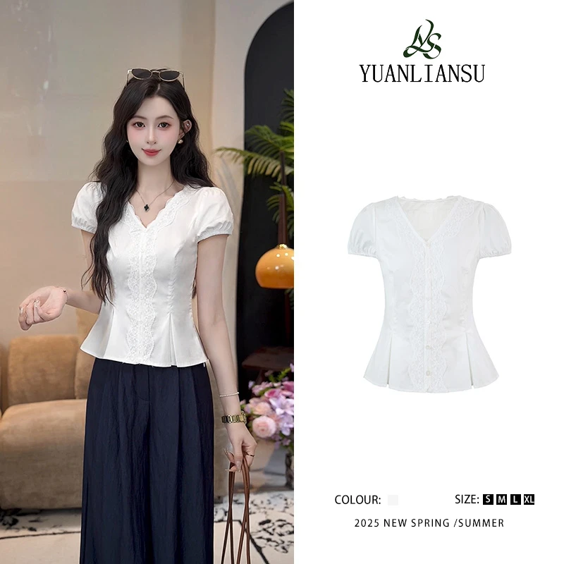 YUANLIANSU/圆脸酥【折桃不语】法式气质修身显瘦蕾丝拼接V领衬衫女