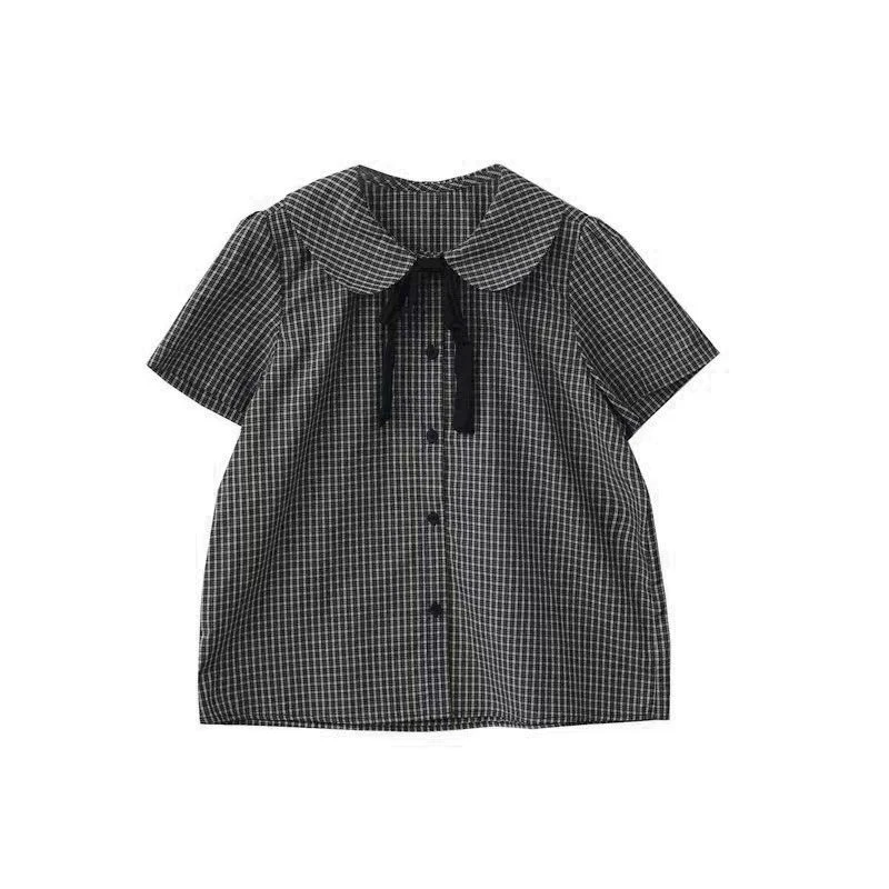 自制2025新款日系复古学院风娃娃领宽松短袖蝴蝶结格子衬衫上衣女