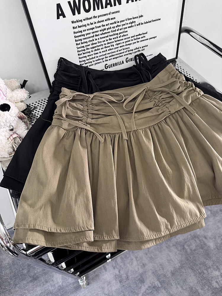 蝴蝶结抽褶高腰半身裙女夏季显瘦韩系辣妹别致设计感高腰a字伞裙