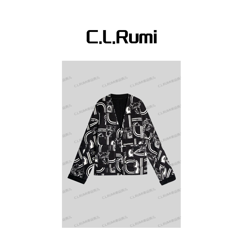 【Rumi精品】“格影”25秋冬百搭宽松印花经典宽松显瘦羊毛外套7126wt