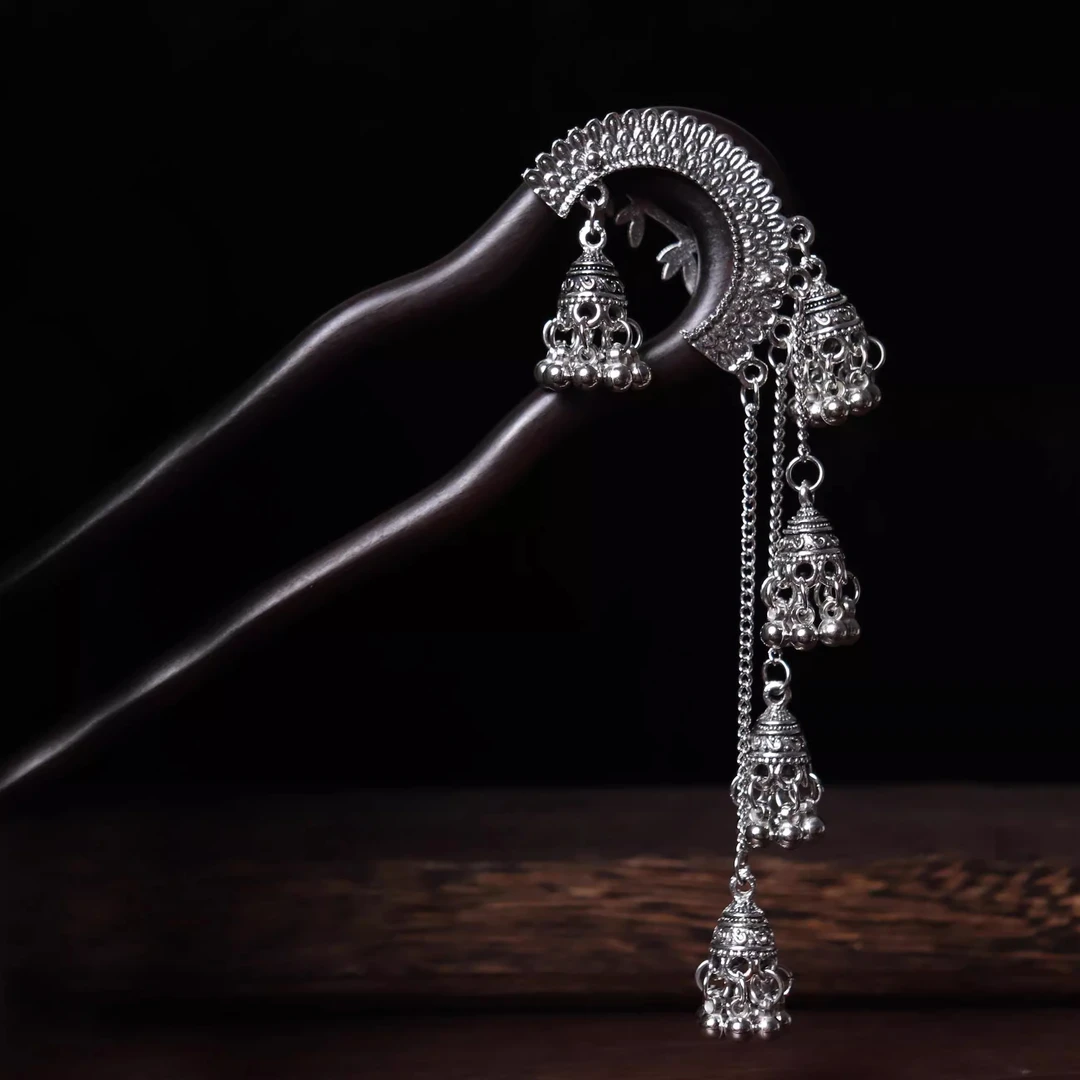 新中式小众双面黑檀木发簪复古民族风铃铛发饰易梦玲同款头饰女