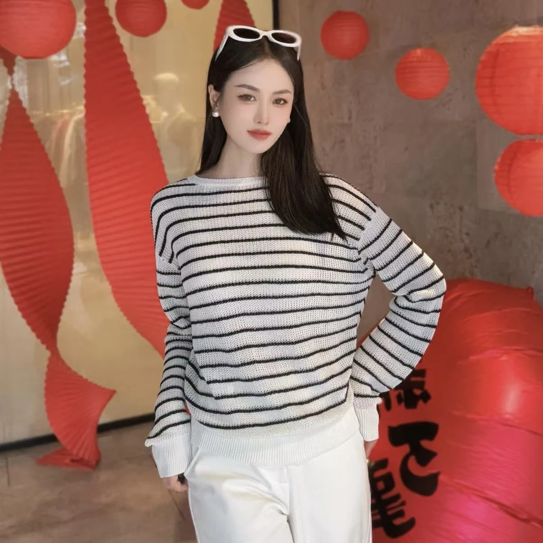 AMASS/阿玛施慵懒感舒适亚麻细闪条纹宽松套头长袖针织衫538021