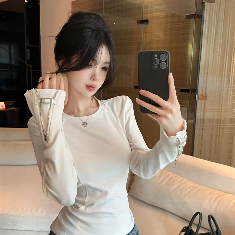 拉链正肩长袖t恤女秋冬高级感鱼骨上衣加绒白色打底衫内搭可外穿