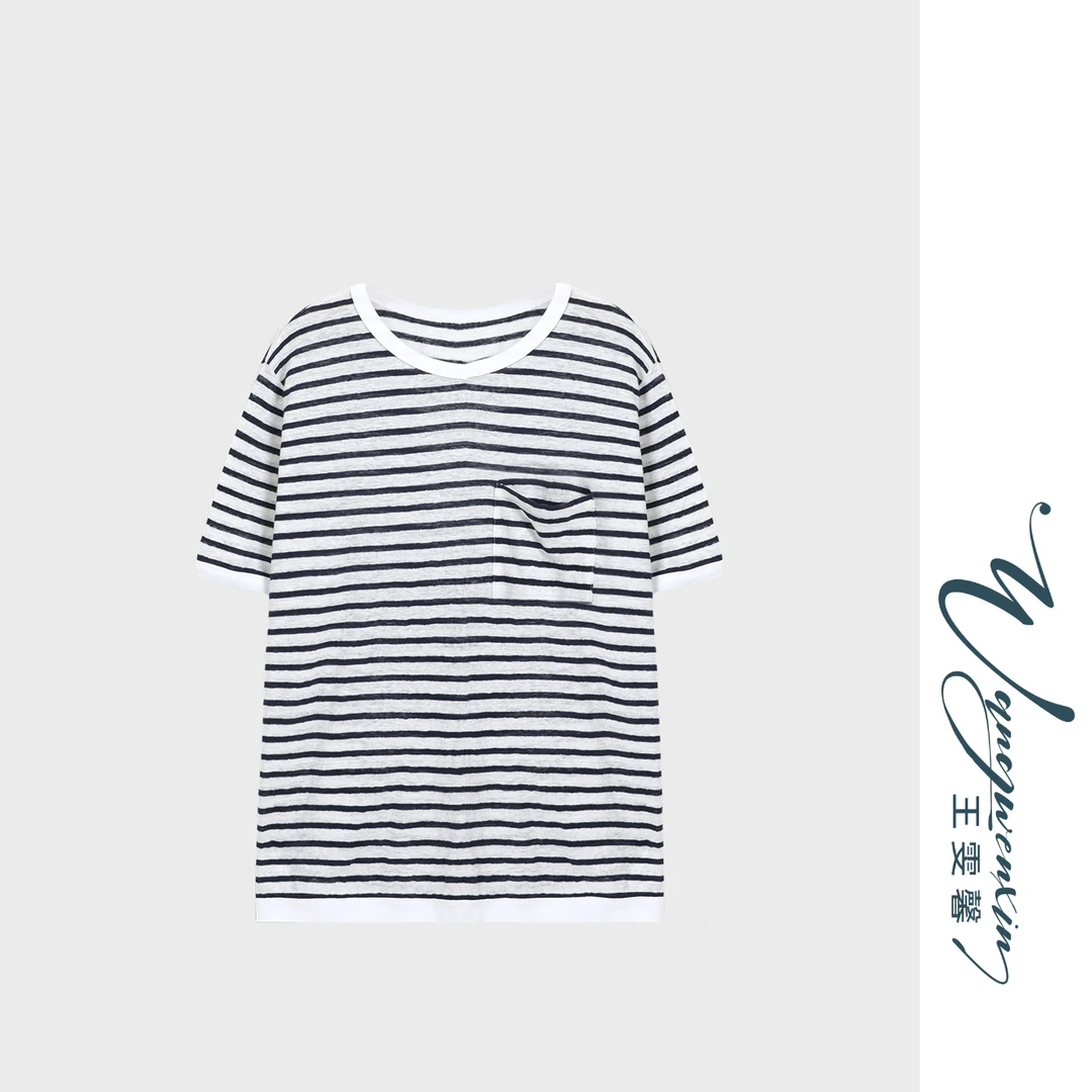 【王雯馨】“冰凌夏日”夏季经典黑白格条纹亚麻宽松时尚百搭女上衣