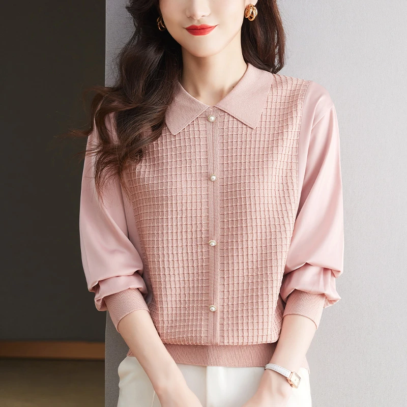 春秋大码2025新款宽松翻领打底衫上衣女拼接雪纺针织薄款百搭毛衣