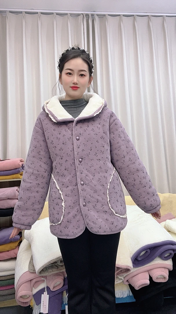 （02款）连帽粉色碎花睡衣加厚保暖棉服冬季宽松家居服三层加厚