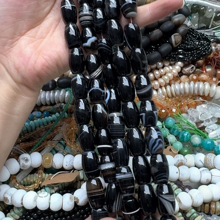 合金玛瑙/玉髓珠宝半成品一条12x19mm蚕丝黑玛瑙