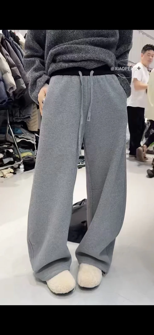 加绒加厚休闲运动裤女宽松显瘦抽绳系带阔腿裤