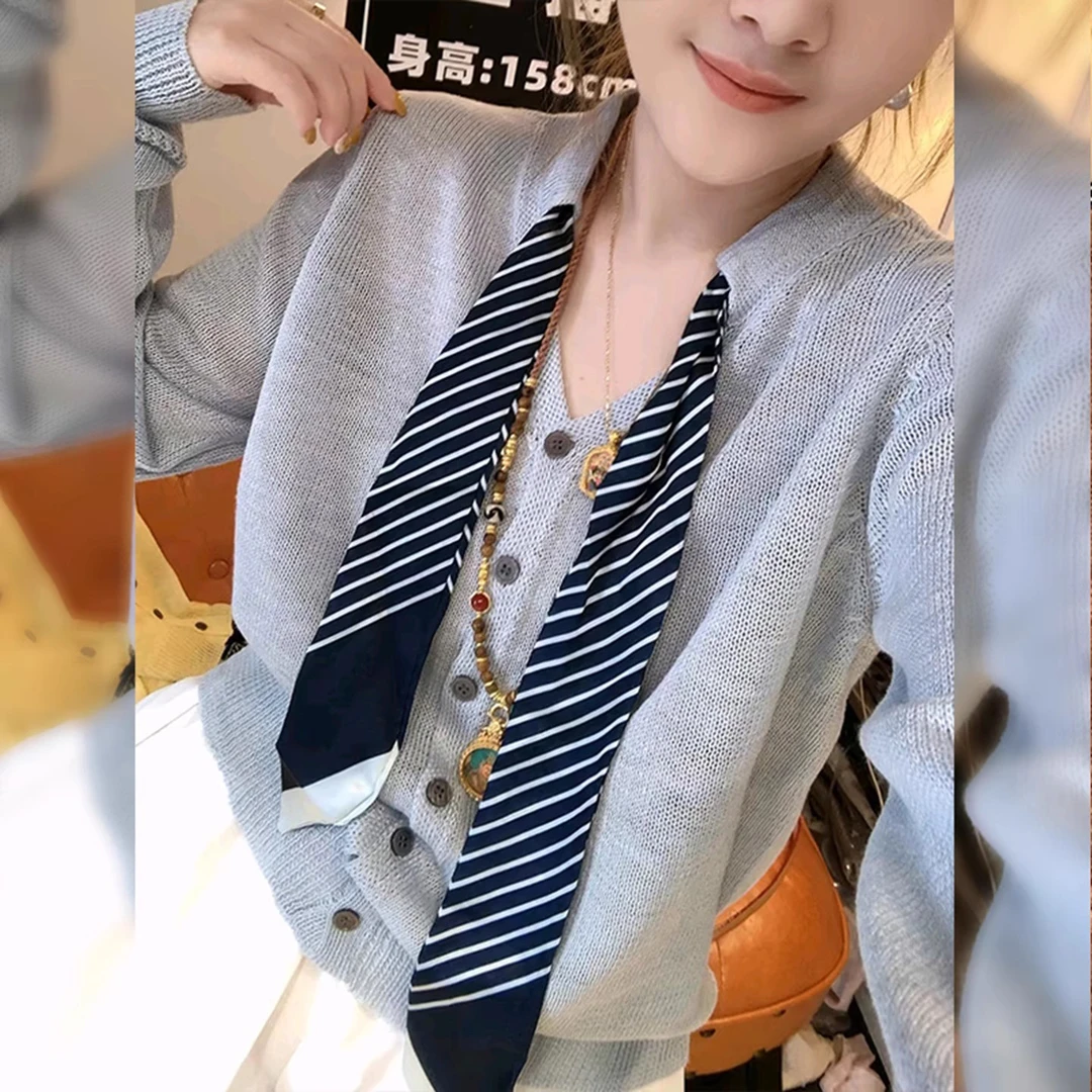 【工厂直发24小时现货】韩系丝巾V领长袖针织开衫女