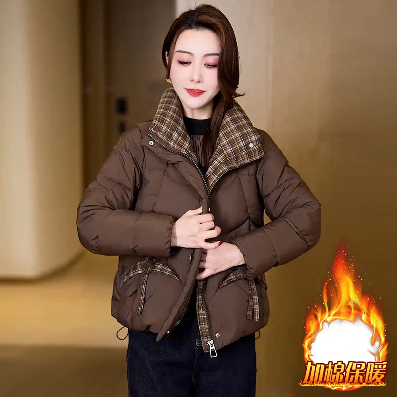 时尚设计感格子拼接棉服女2025年冬季新款妈妈装加厚保暖百搭外套
