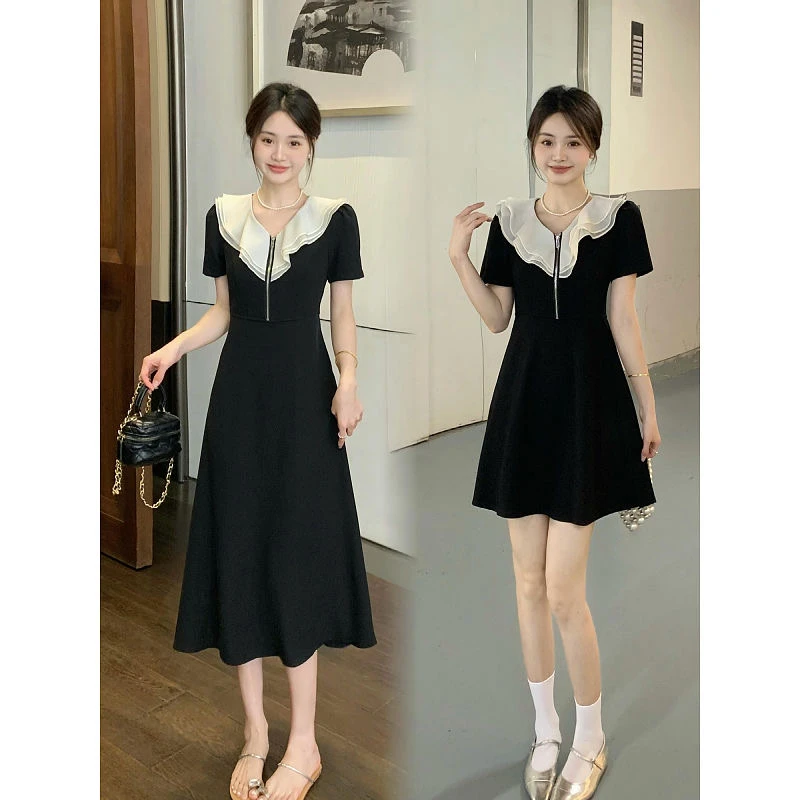 大码法式甜美连衣裙女夏季荷叶领赫本风小黑裙胖MM显瘦高级感裙子