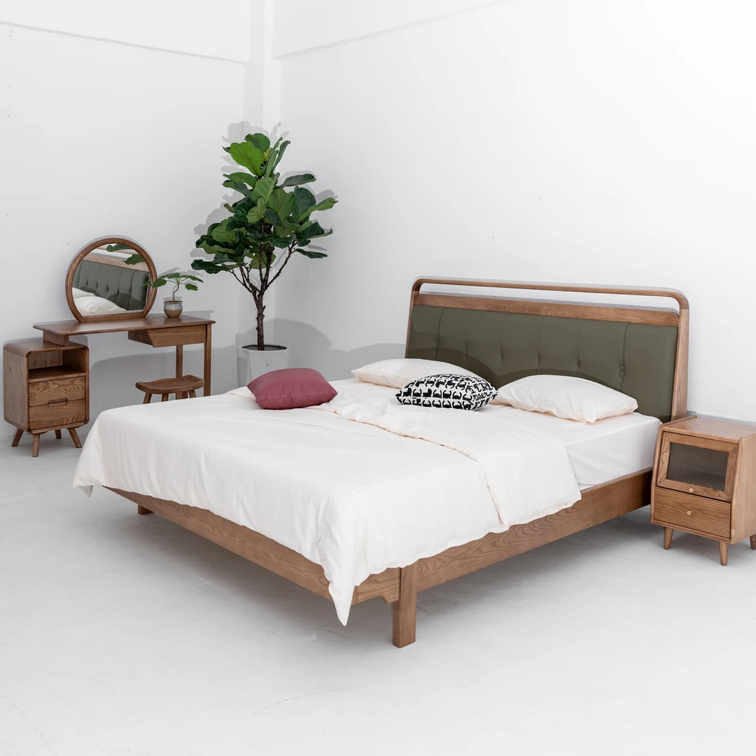 白蜡木实木真皮软包床头双人床主卧大床软包床现代简约原木风