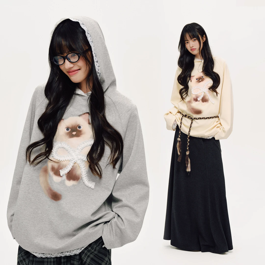 PSO Brand 【双面针织蕾丝拼接】女装布偶猫薄款连帽卫衣NWY012