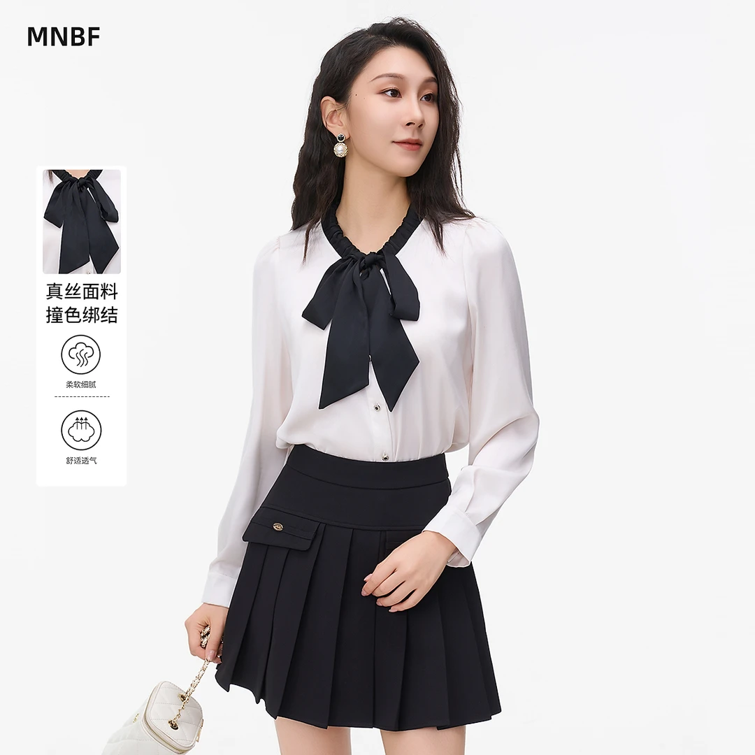曼诺比菲商场同款秋季木耳边蝴蝶结绑带长袖衬衫女MFES135104
