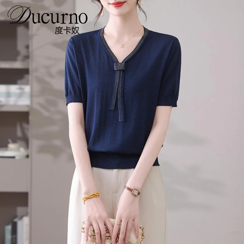 飘带v领短袖t恤女士薄款针织小衫夏装2025新款洋气冰丝上衣超级显