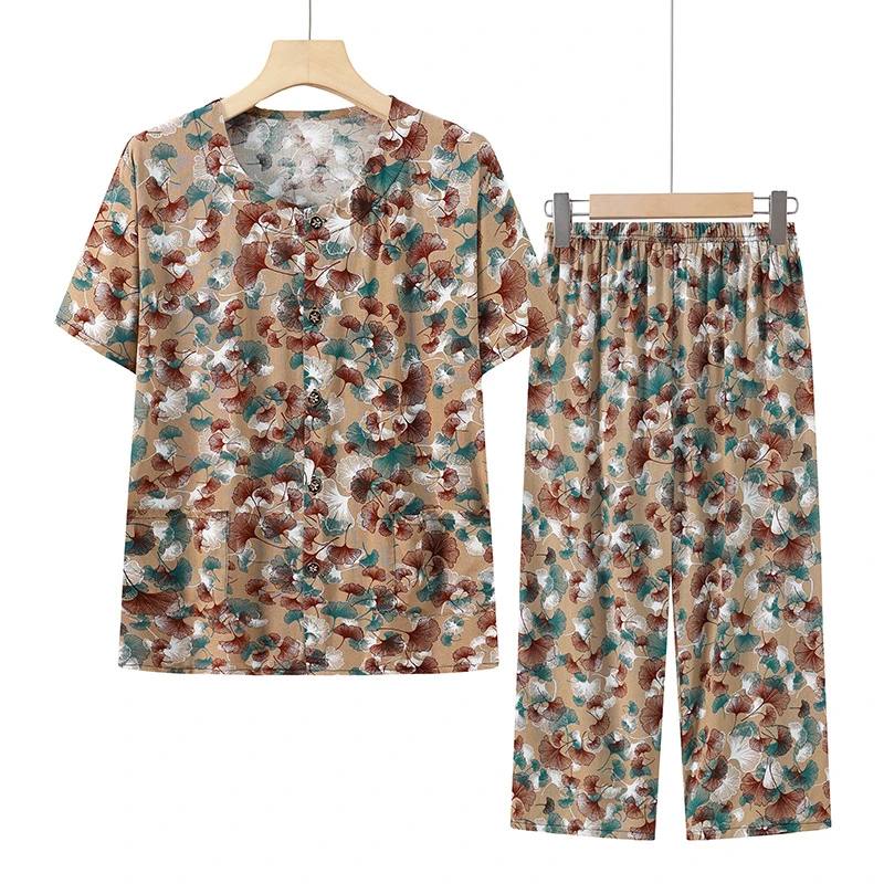 中老年绵绸睡衣女夏棉绸短袖妈妈居家开衫休闲外穿家居服绵绸套装