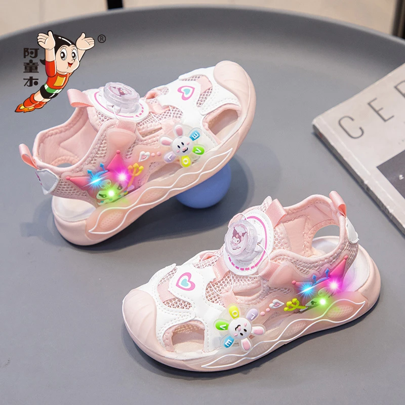 阿童木夏季新款透气旋转纽扣软底凉鞋校园洋气女童鞋包头休闲凉鞋