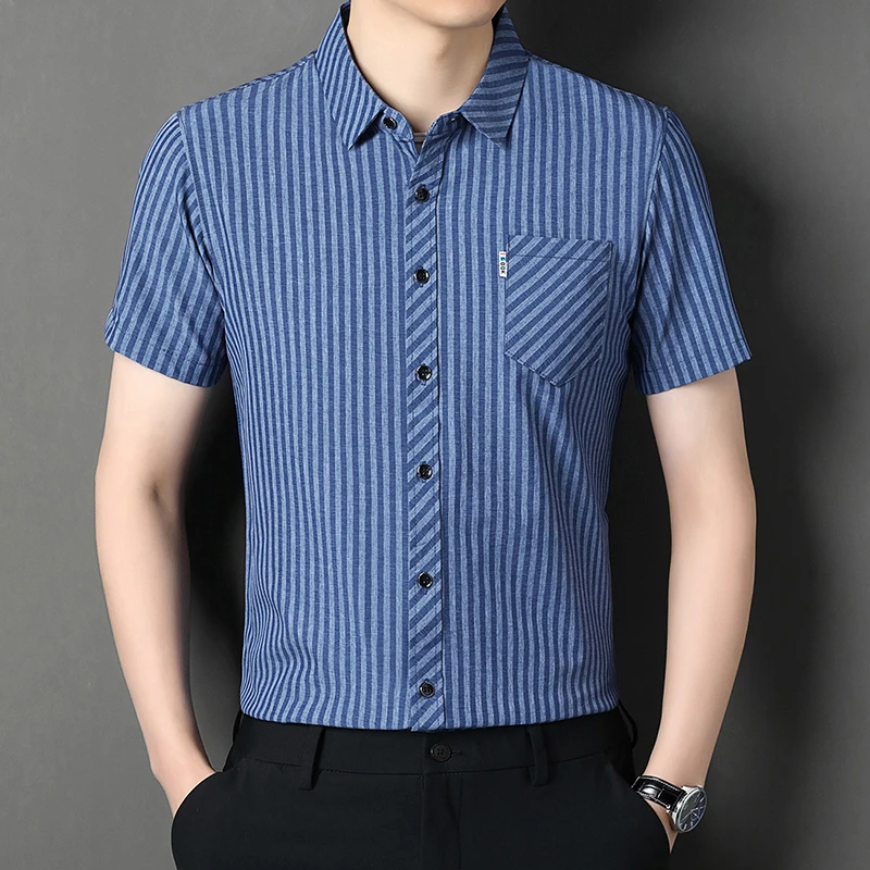 夏季新款男士条纹衬衫短袖潮流中青年时尚中年短袖夏季休闲百搭