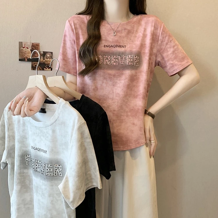 大码胖mm美式扎染显瘦字母印花圆领T恤夏季新款百搭减龄宽松上衣