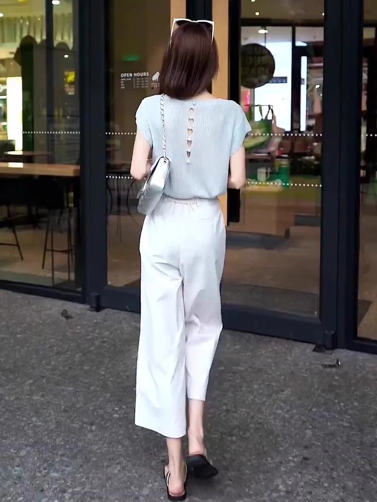 夏季穿搭一整套通勤风设计感短袖上衣高腰休闲西裤套装女2025新款