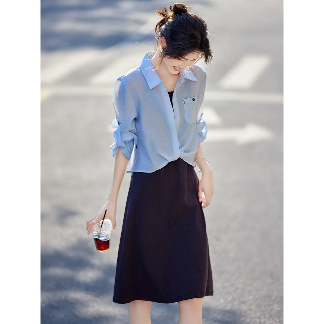 时尚休闲连衣裙套装女夏季一整套蓝色薄款衬衫上衣吊带裙两件套