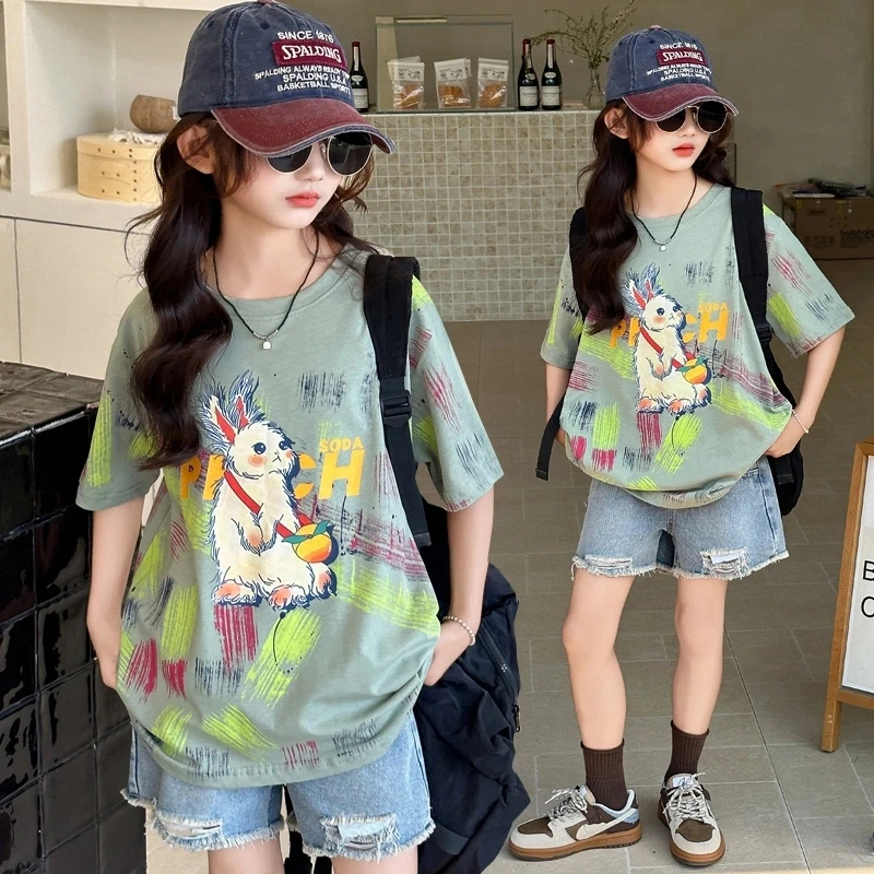 女童夏装时尚短袖T恤2025新款中大儿童6-12-15岁休闲薄款牛仔短裤