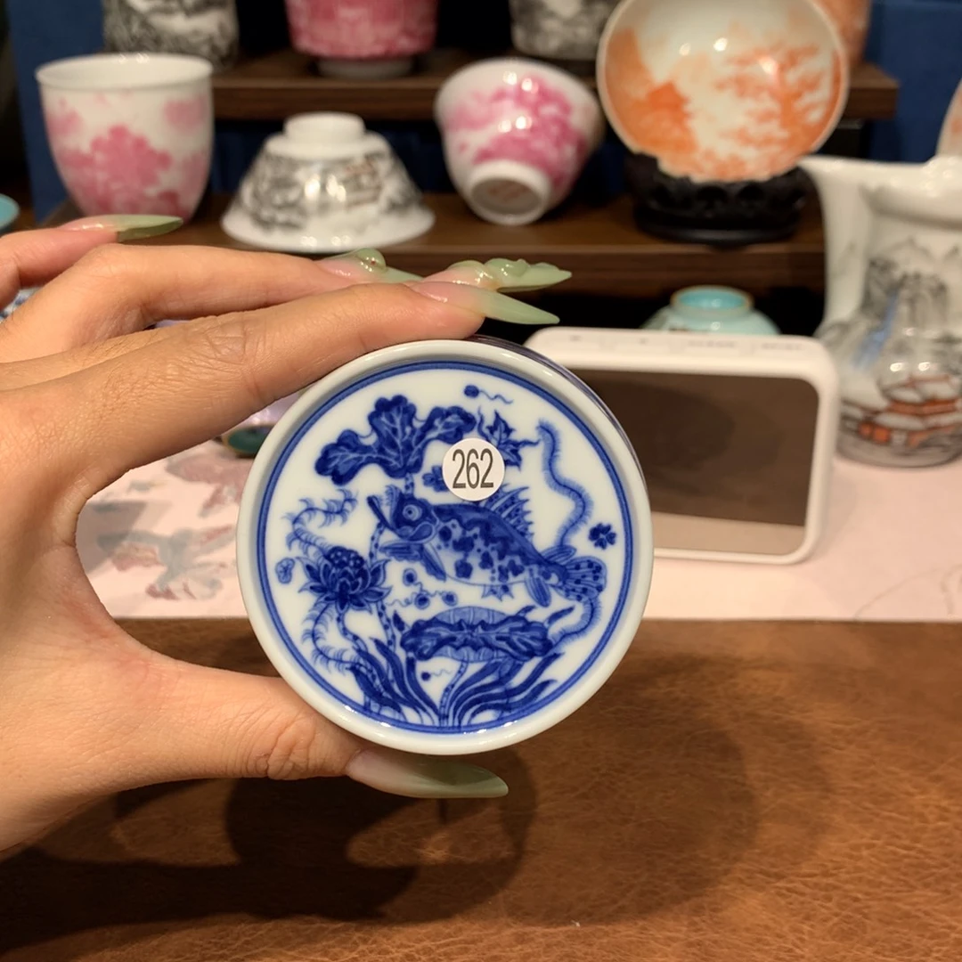 摆件花*262青花鱼藻盖置一块