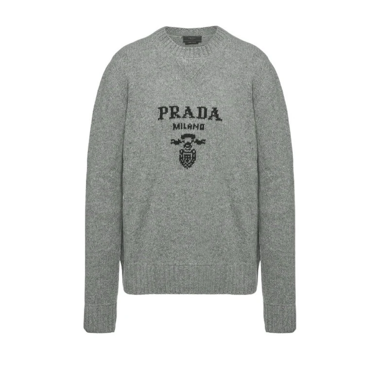 99新 Prada/普拉达 字母Logo提花针织套头毛衣/灰色/54码