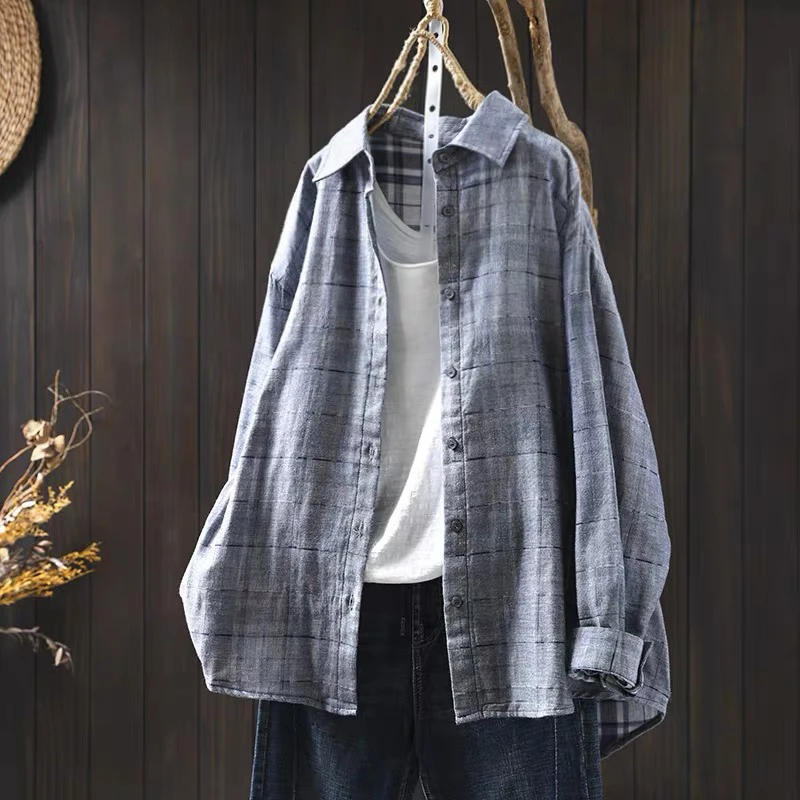 纯棉女士格子衬衫中长款2025春季新复古宽松红色衬衣设计感上衣