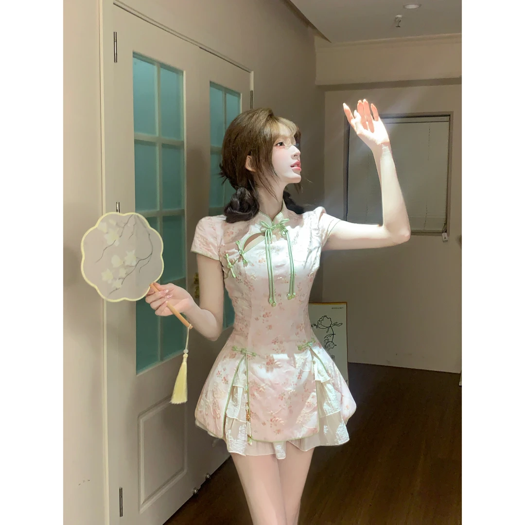 瑞茜·威瑟斯 桃枝凝翠 国风新中式原创设计飞飞袖上衣短裙R9218D