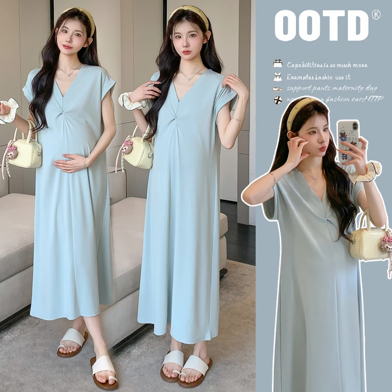 2025夏季简约经典圆领修身打结孕妇短袖针织中长款连衣裙大码外穿