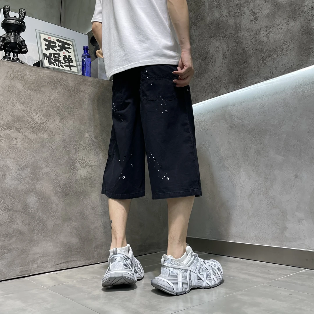 夏季大码中裤短裤夏季港风休闲速干薄款做旧七分裤复古男士直筒