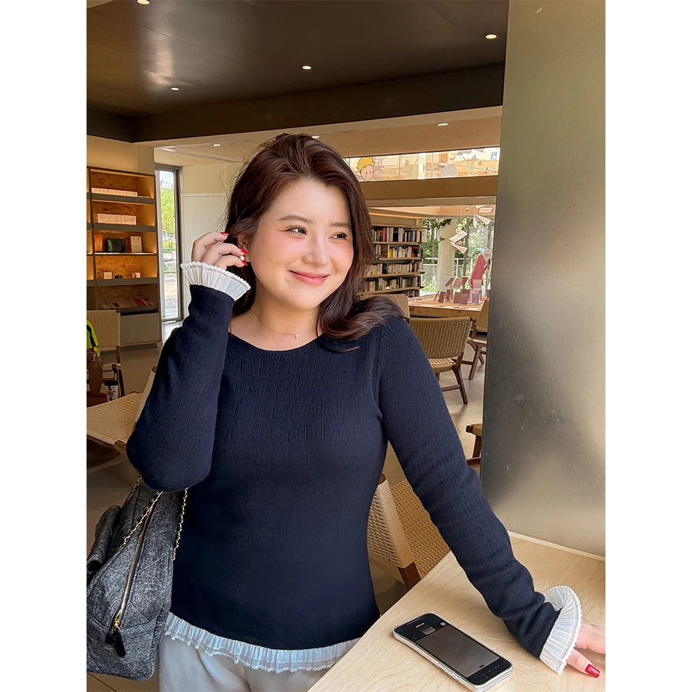 胖mm秋冬季一字领蕾丝边针织衫2025新款大码女装优雅打底衫200斤