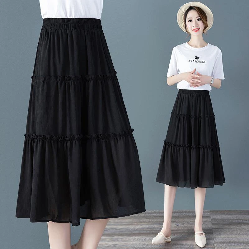 雪纺黑色半身裙女2025年夏季新款百褶中长款蛋糕裙显瘦高腰短裙子