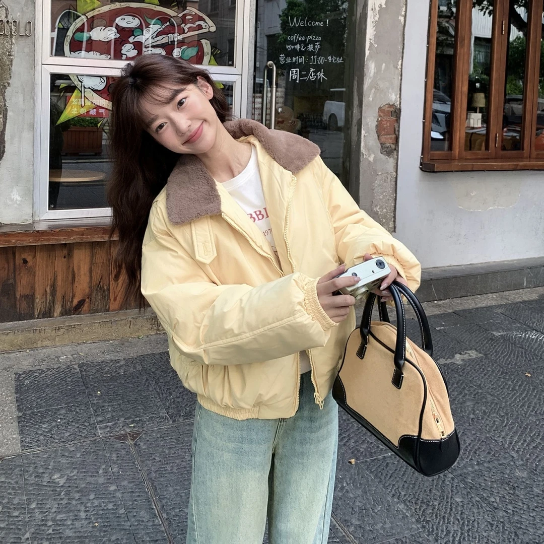 2025新羽绒棉服女冬季短款羊羔毛小个子保暖宽松复古棉衣外套